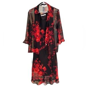 Donna Ricco Black and Red Floral Midi Dress, Size 10